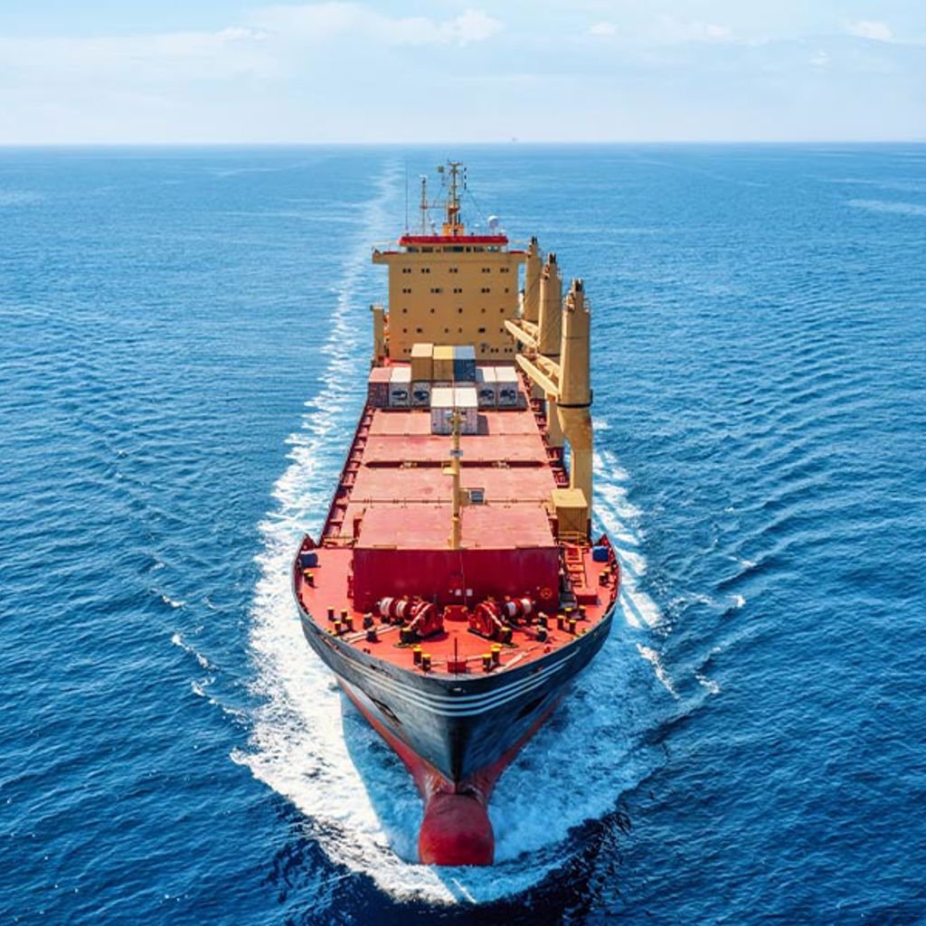 A large red and white ship.