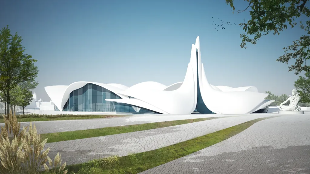 CGI of an exterior view of the Hindu Heritage Experience