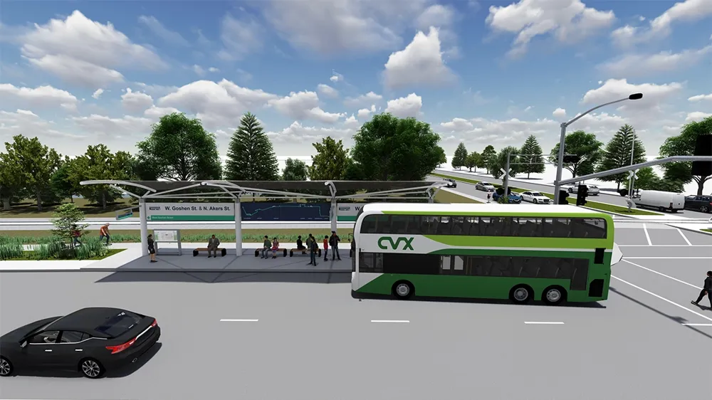 Rendering of a bus pulling up to a bus stop with people waiting