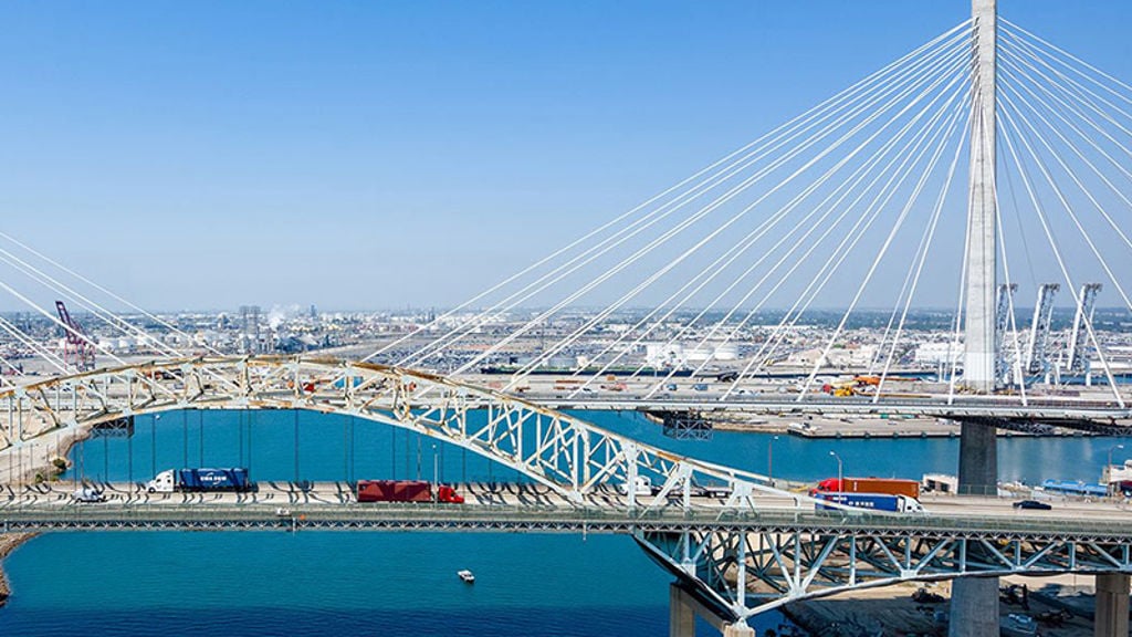 Side view of a cable-stayed bridge over water