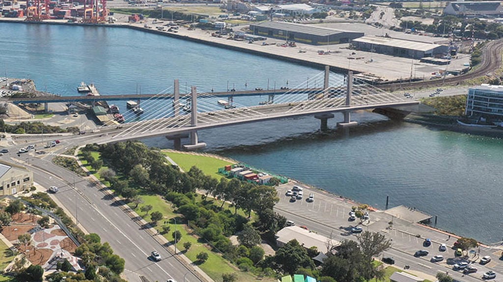 Artist impression of view over Fremantle with the new traffic bridge crossing the river
