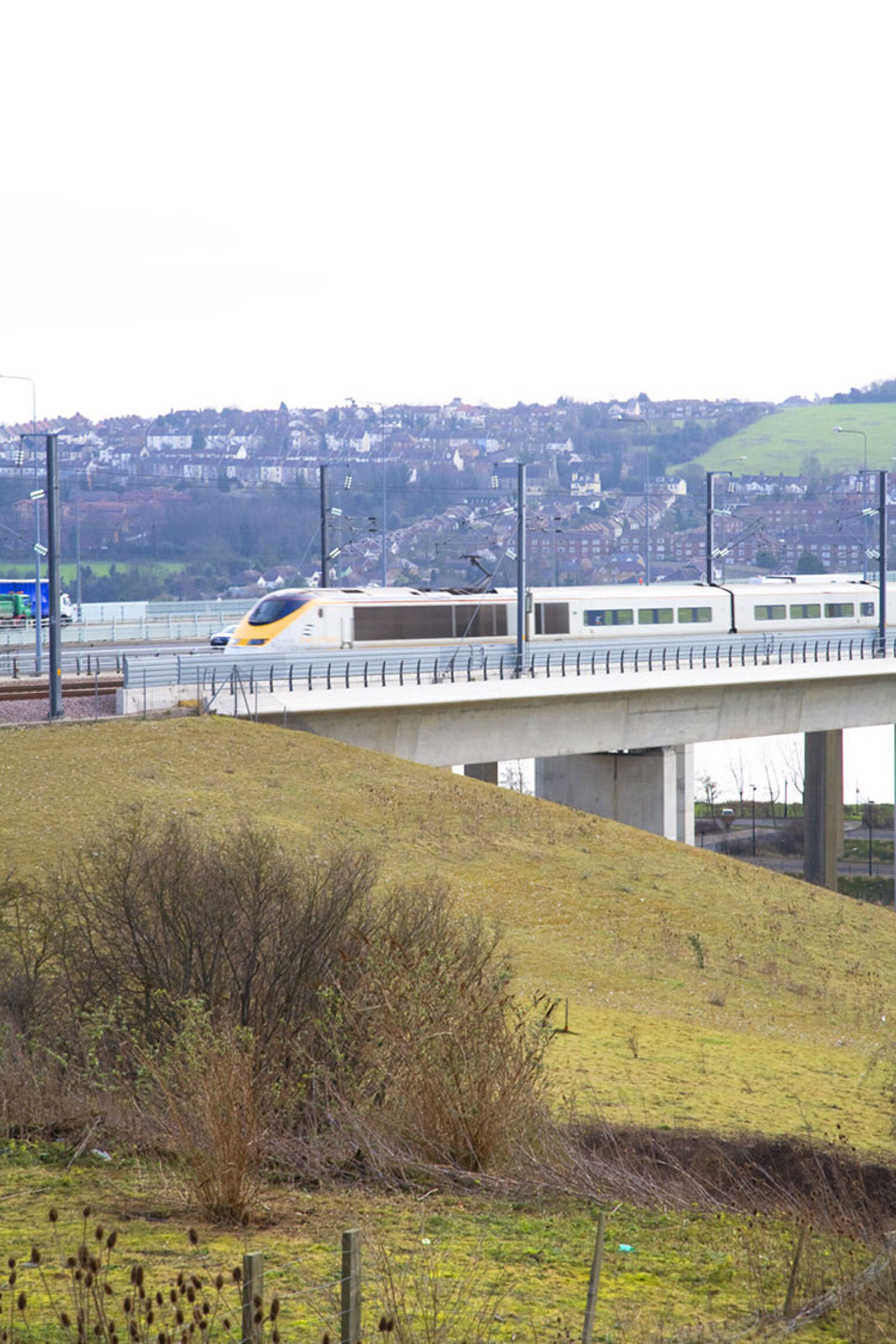 High Speed One crossing an Arup design bridge near Rochester, Kent