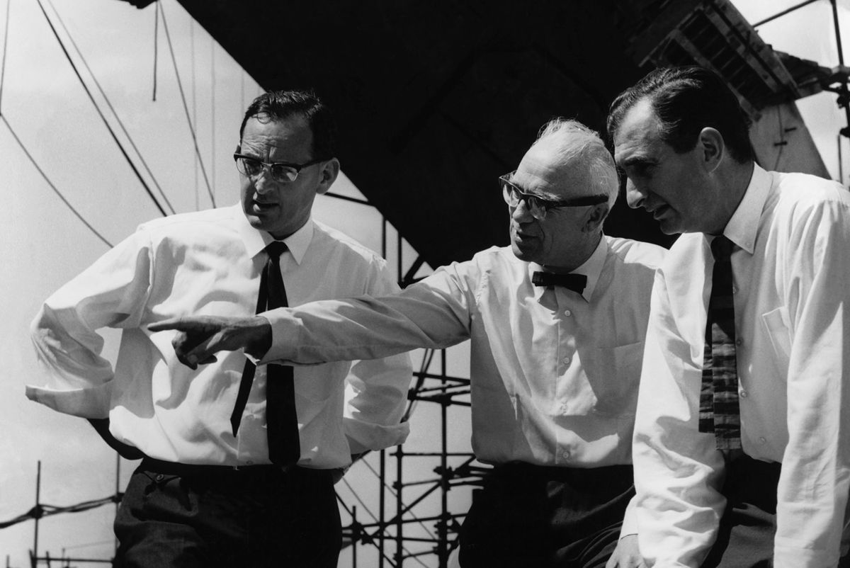 Michael Lewis, Sir Ove Arup and Jack Zunz on site in 1966 © Max Dupain