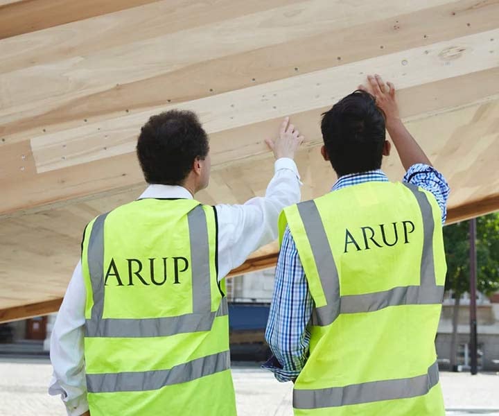 Arup staff inspecting a wooden structure