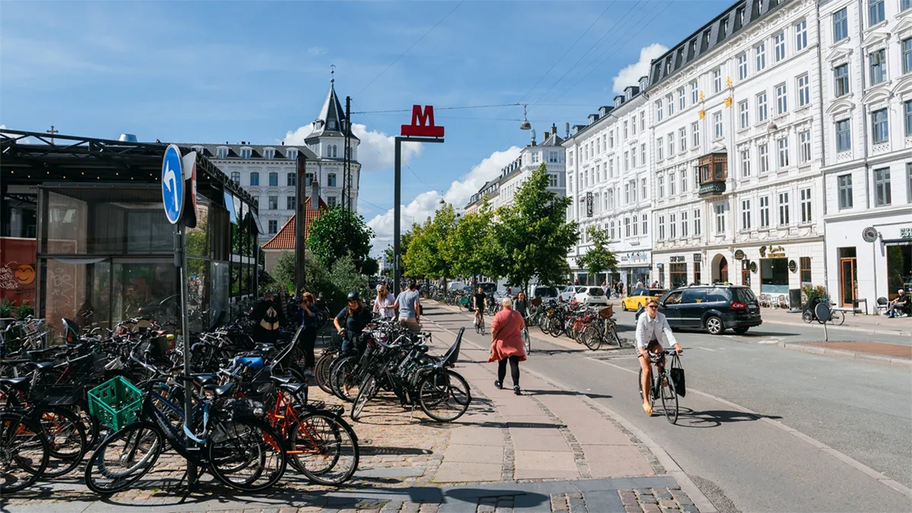 Cyclist riding along path and cars on street in Copenhagen