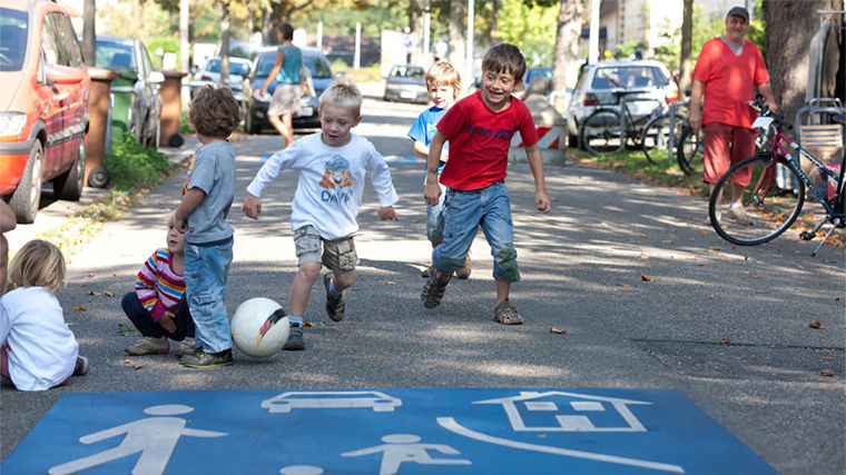 Children playing a city