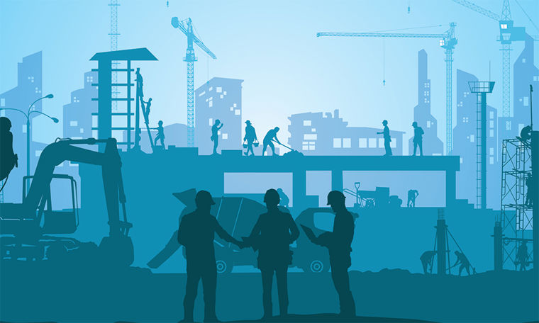 Construction illustration, workers on a building site.