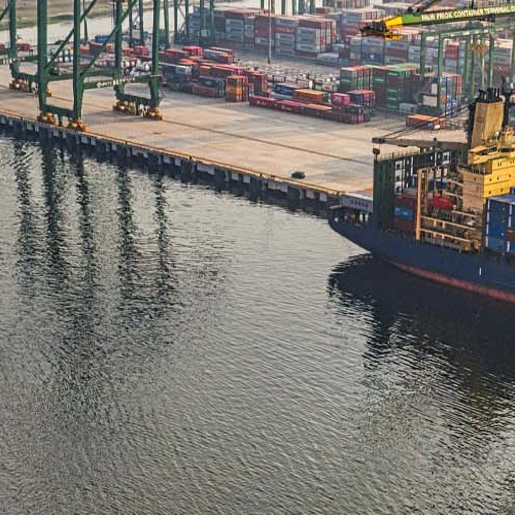 Aerial view of a shipping port