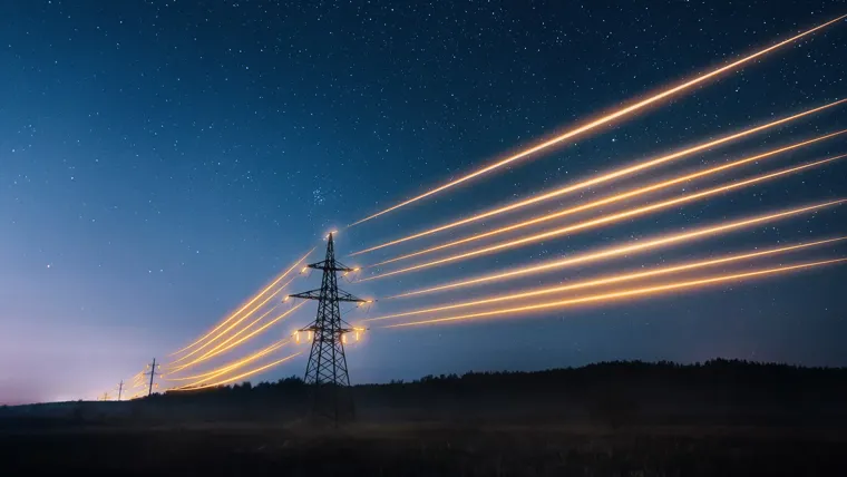 Electricity pylons glowing in the night