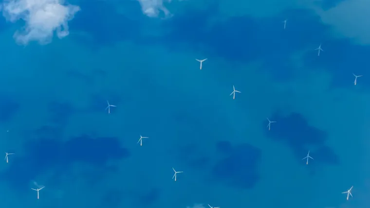 Aerial image of an offshore wind farm