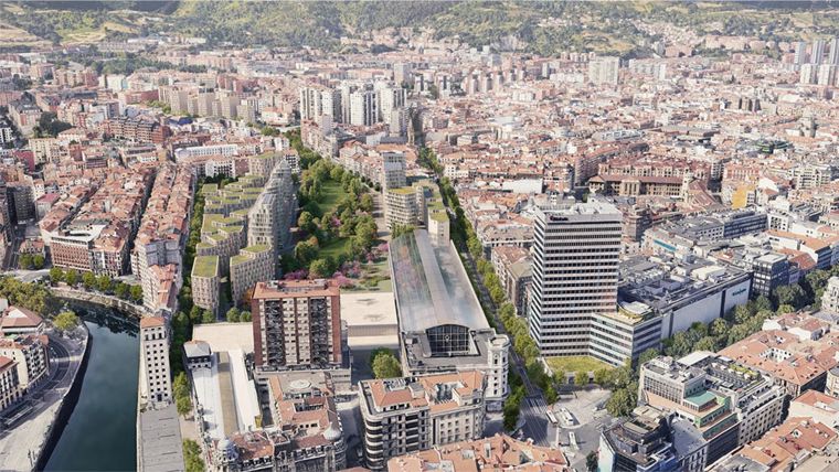 Aerial image of the heart of Bilbao, Spain