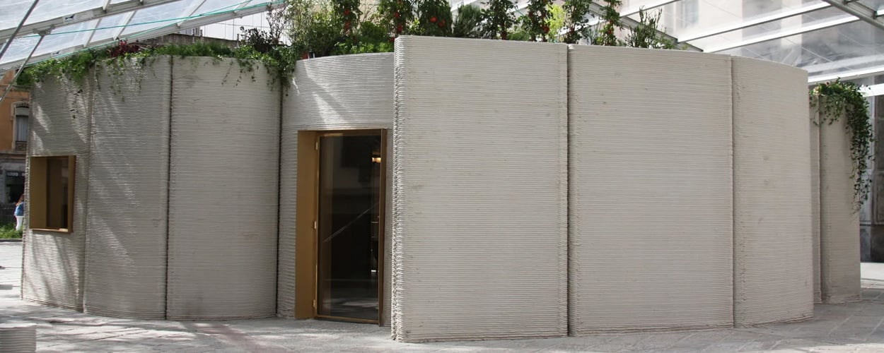 Exterior view of a 3D printed concrete house