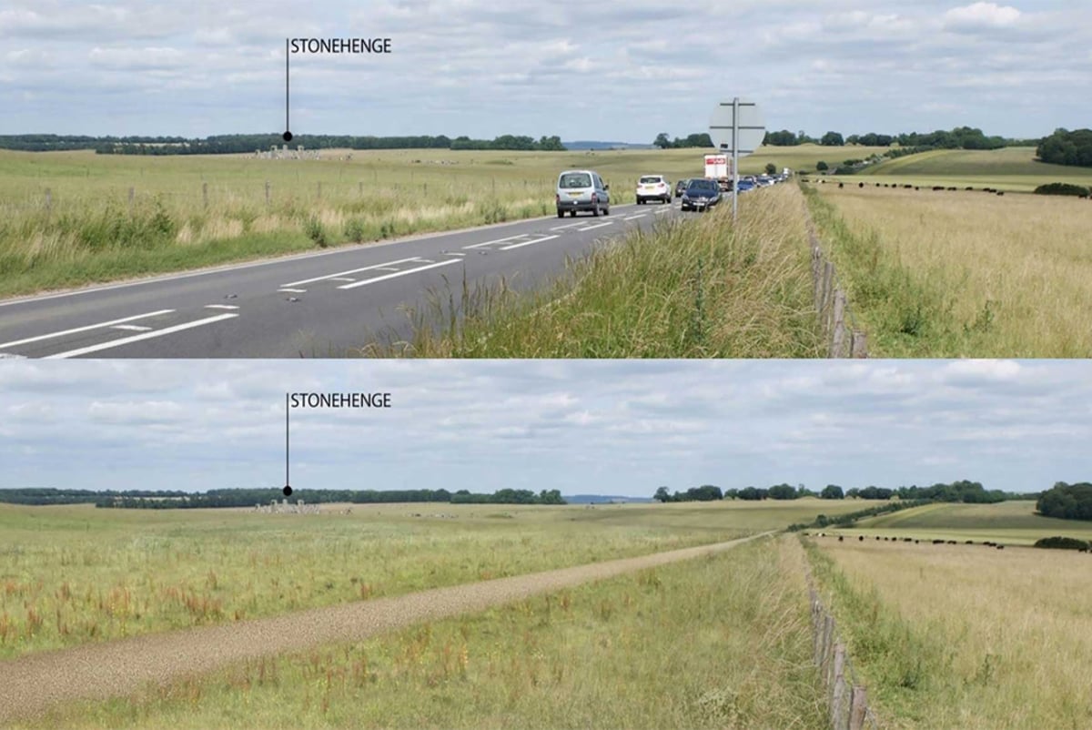 A before and after visualisation of the A303 Stonehenge road upgrade
