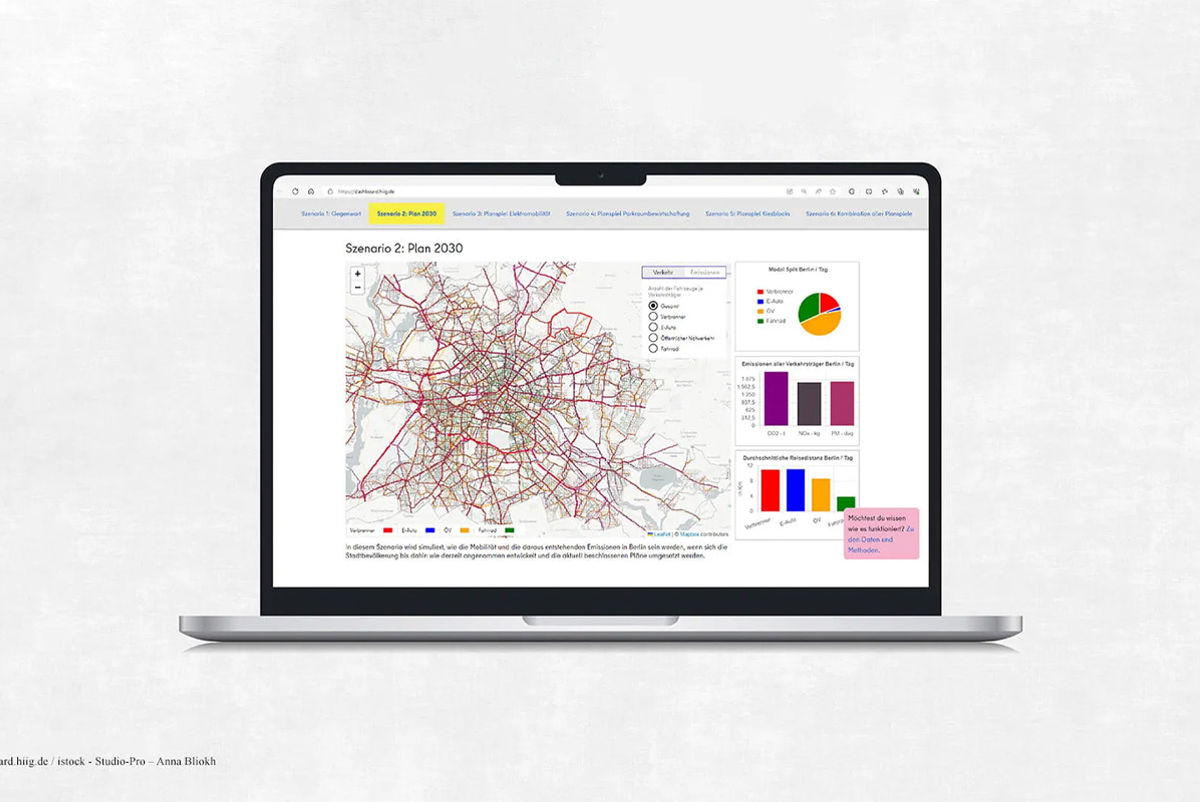 A laptop on which a dashboard with a map and diagrams can be seen.