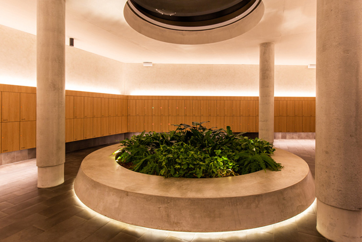 Soft lighting and minimal interior design with central round garden and the walls lined with lockers