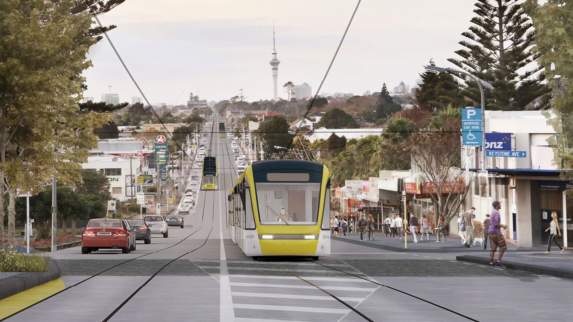 CGI of Auckland Light Rail running down a street