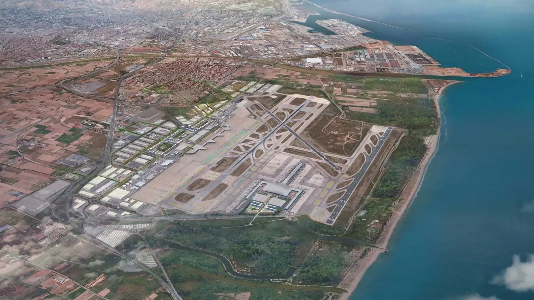 Aerial render of the airport's site in Barcelona