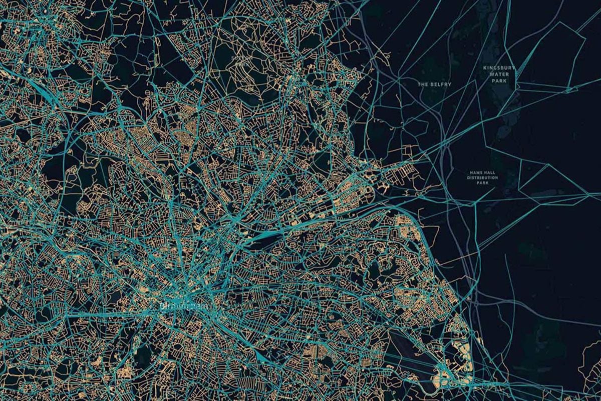 The multimodal transport network in Birmingham representing both major routes and smaller, urban roads.