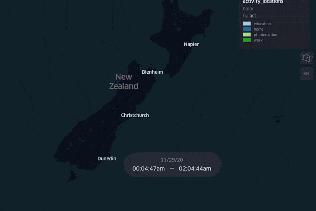 Animated gif showing travel behaviours across New Zealand