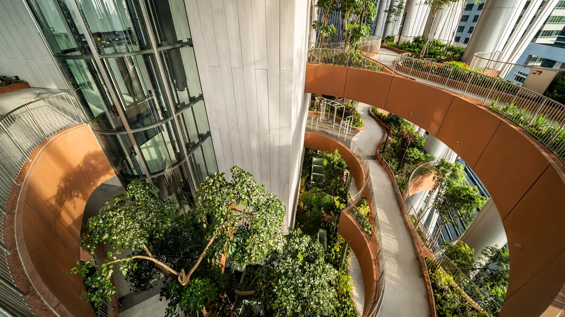 Aerial view of green landscapes inside a tall building