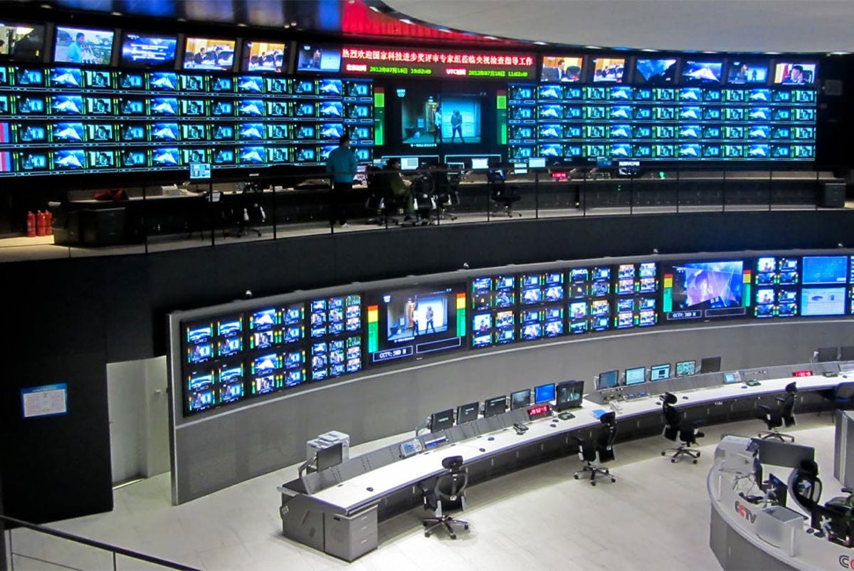 Multiple broadcasting screens inside Beijing China Central TV New Headquarters