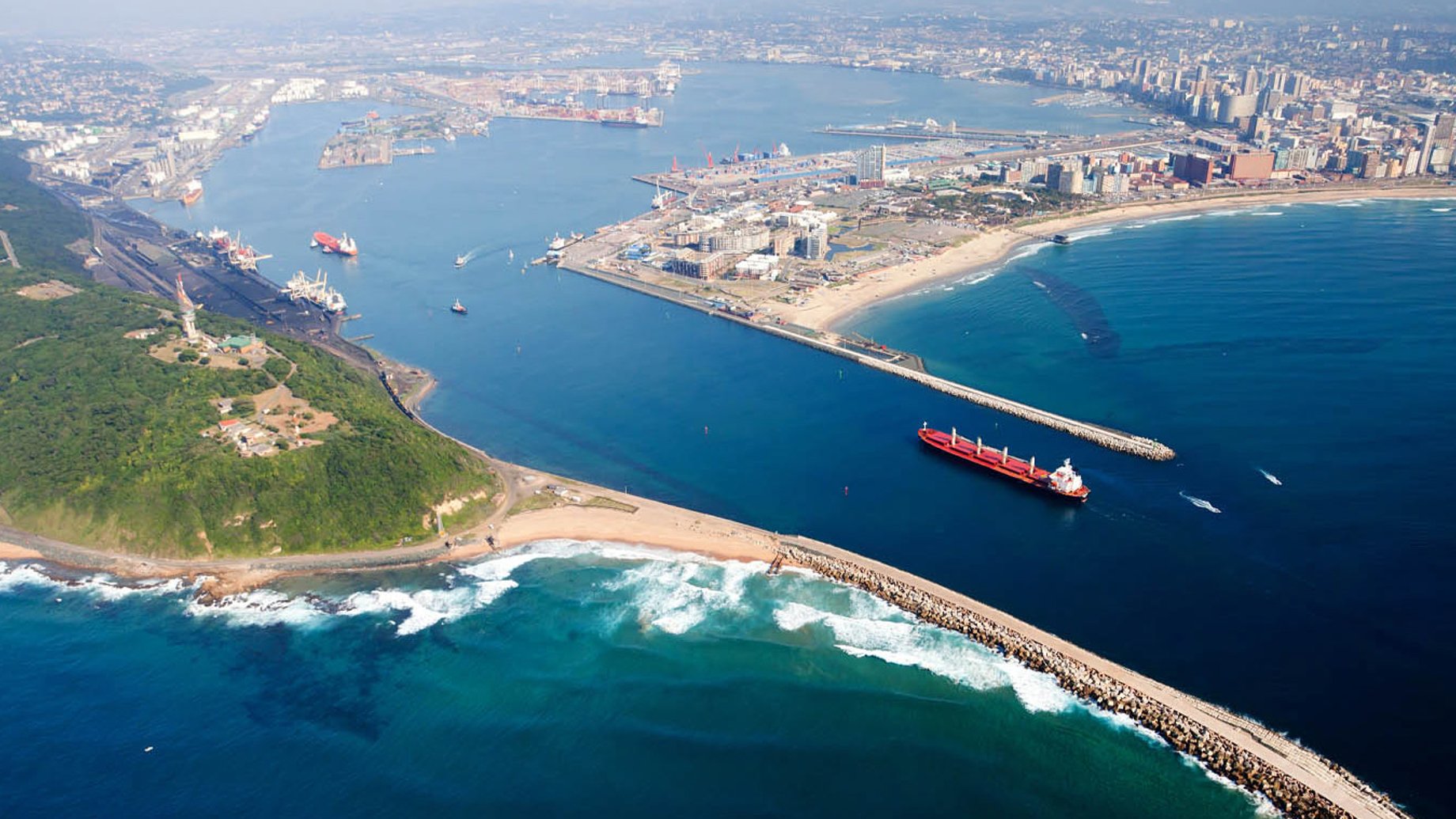 Aerial view of a ship arriving in a port