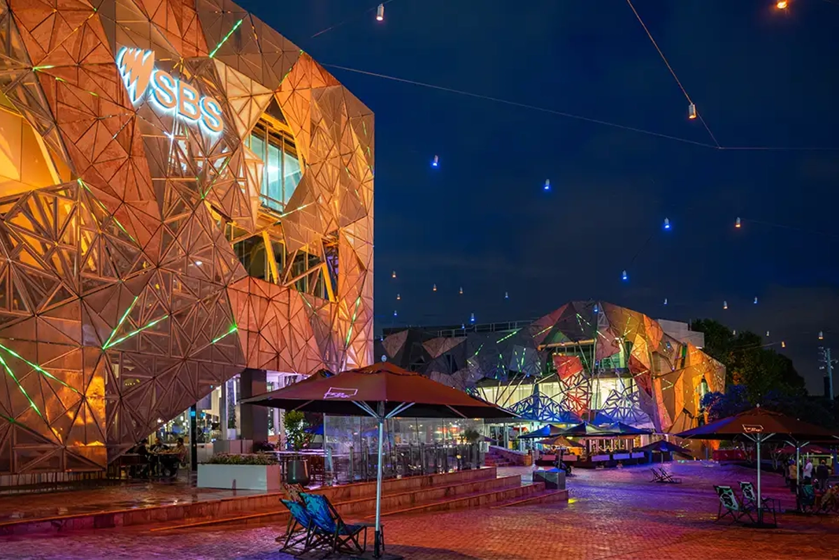 Outdoor seating at Fed Square