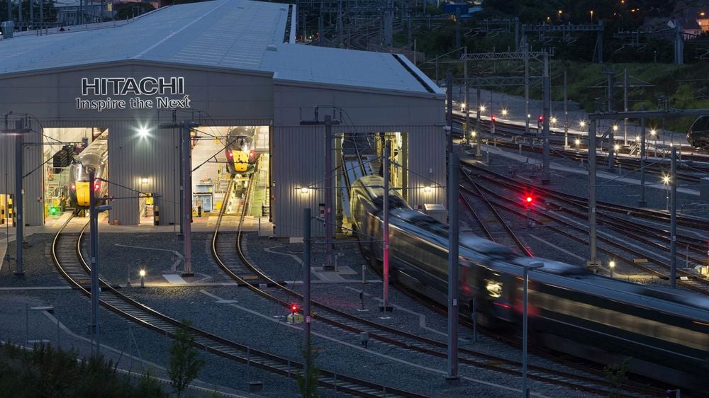 Train entering a Hitachi depot