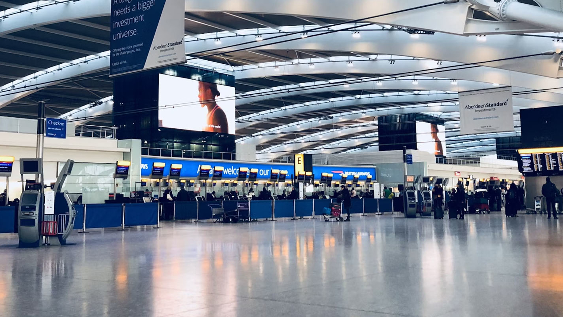 Check in desks at Heathrow Airport