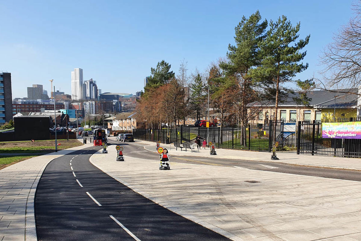 An active travel route outside a school in a city