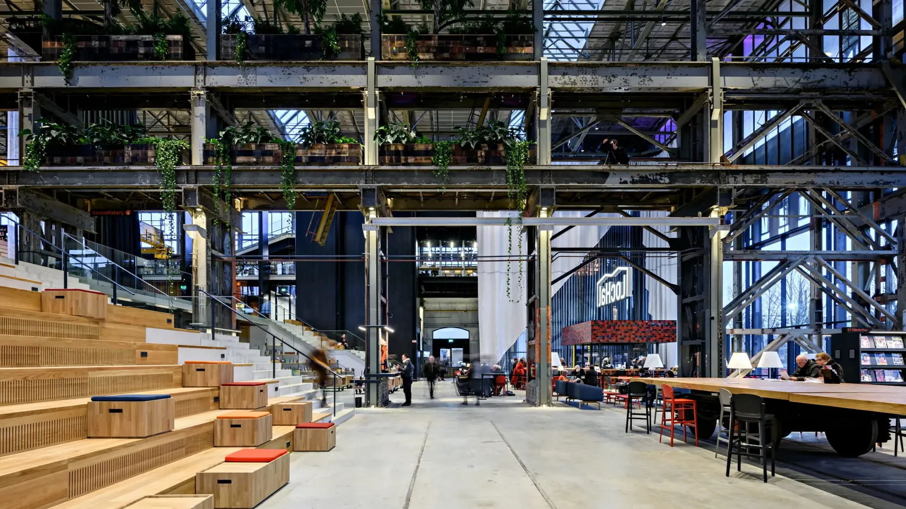 An open communal area inside an industrial building