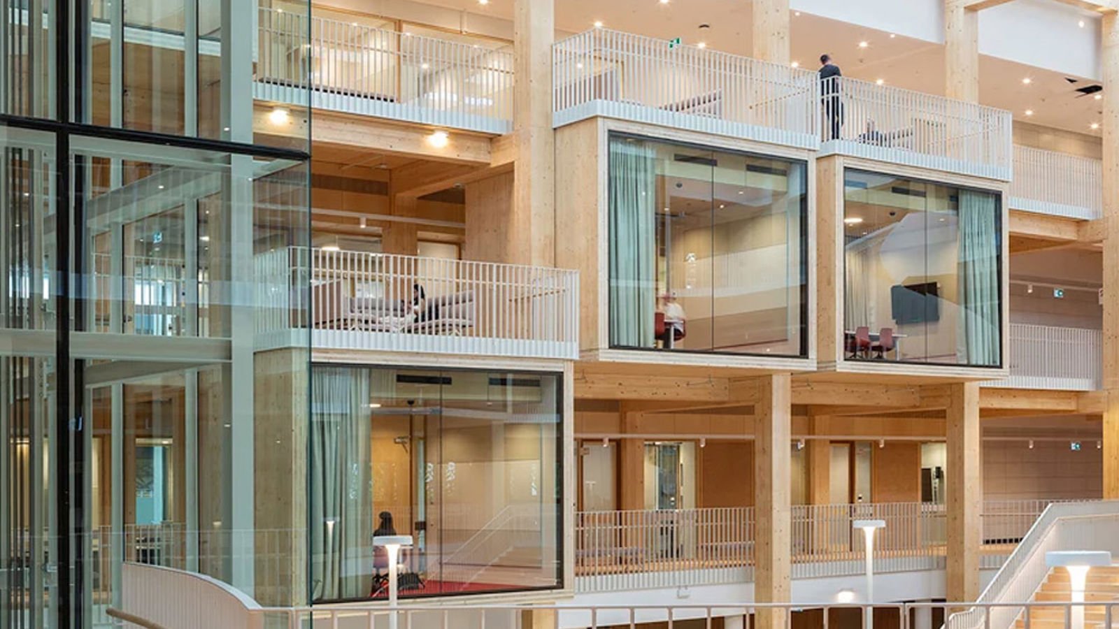 Inside the atrium at The Michael Kirby Building. Rooms and spaces cantilever into the void. Credit: FCD