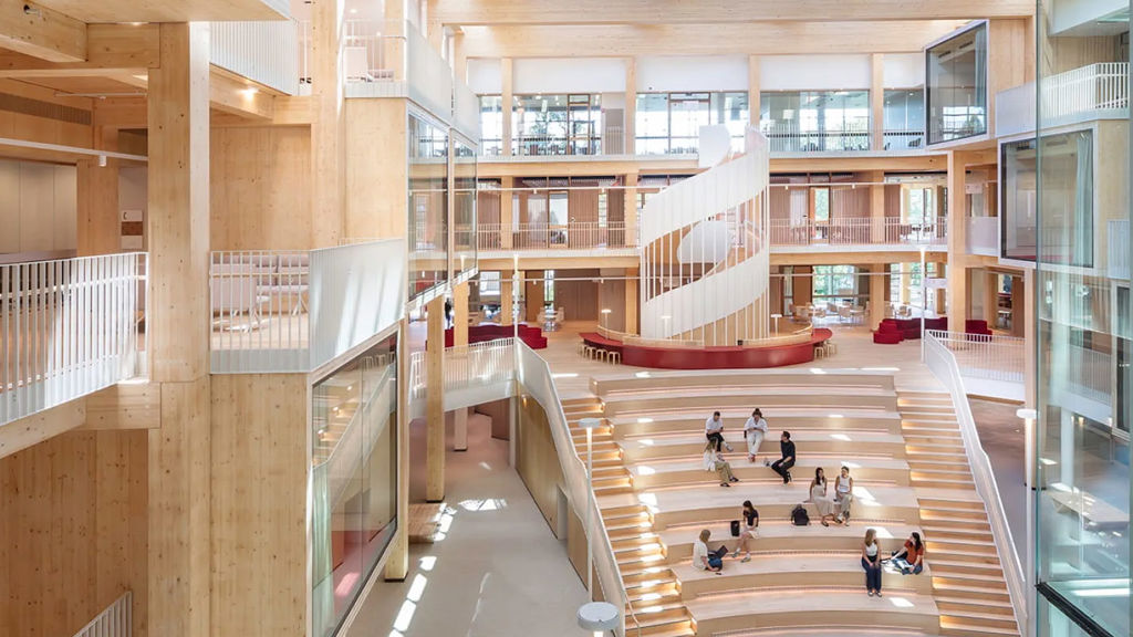 Large open multi-level atrium with grand entrance steps inside building. Credit: FCD