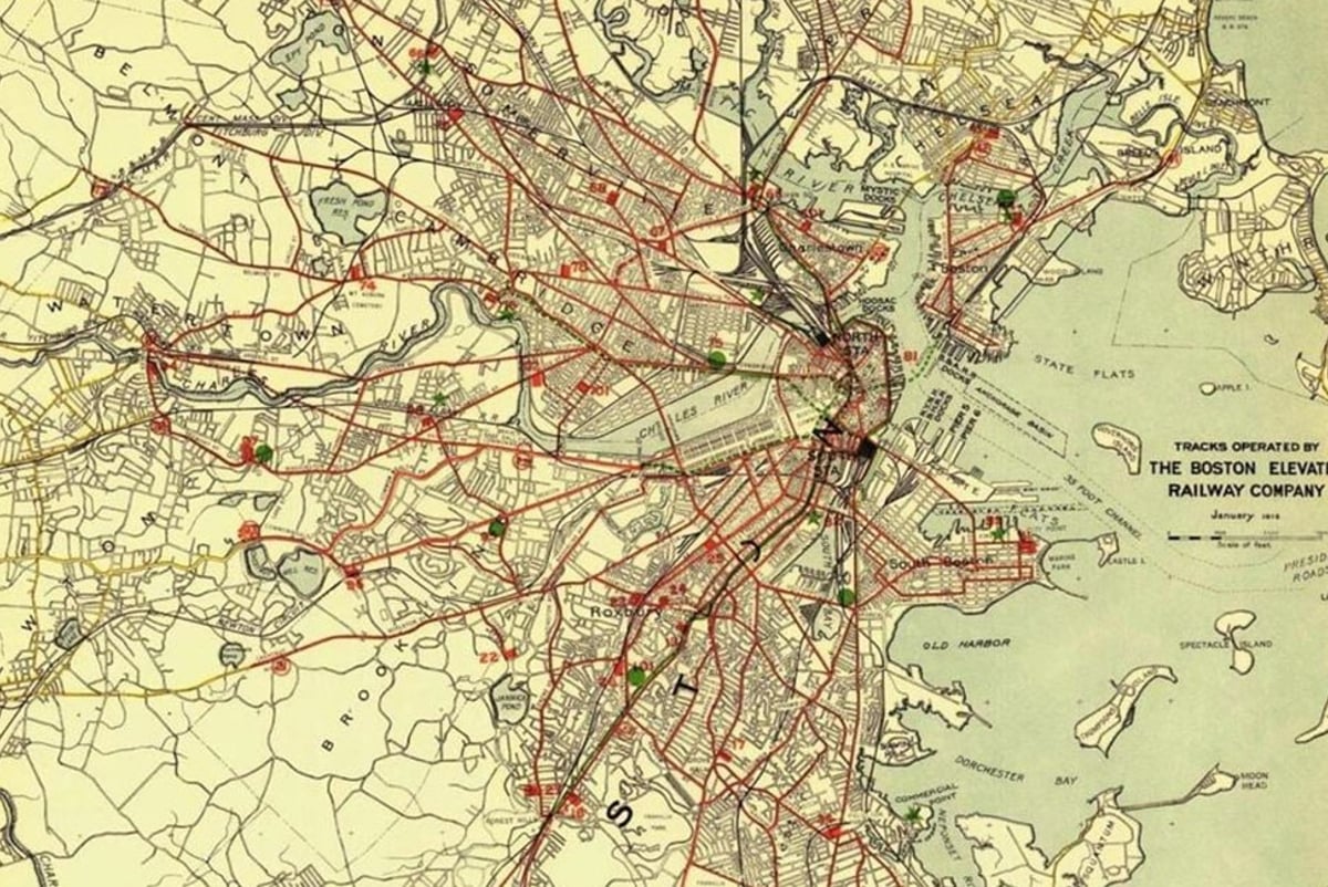 Early 20th Century streetcar map of Boston