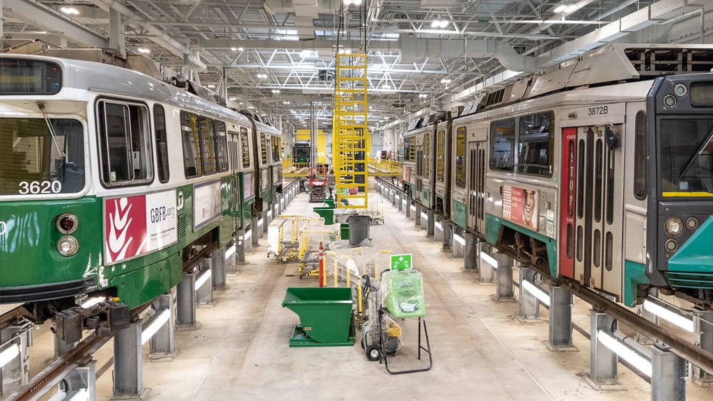 Green Line trains in a depot