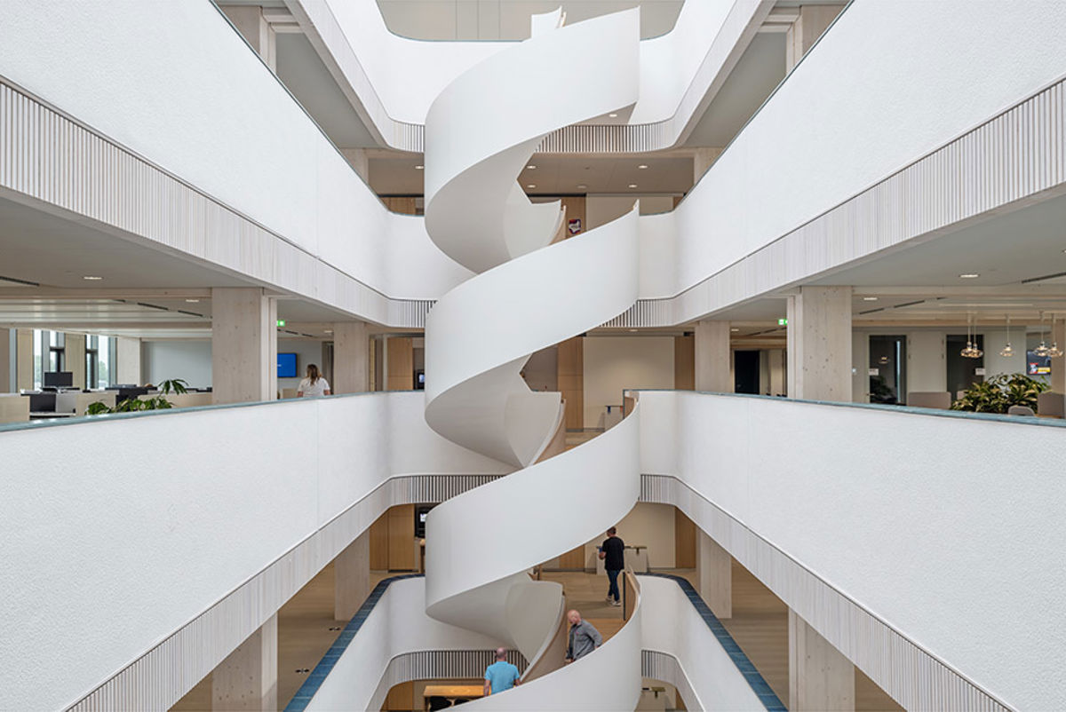 Staircase inside the Mediavaert building which houses prominent Dutch newspapers and magazines, and includes test labs, radio studios, meeting rooms, and an event location. 