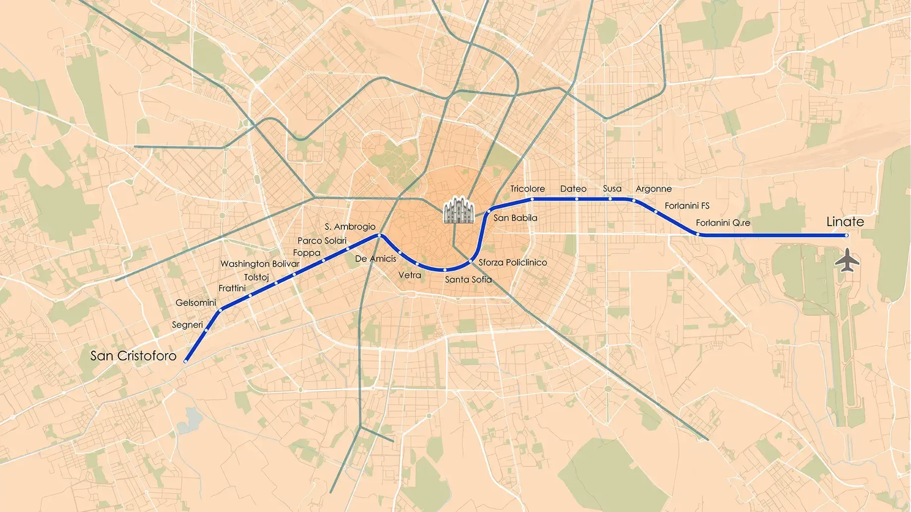 Map of Milan M4 Metro line