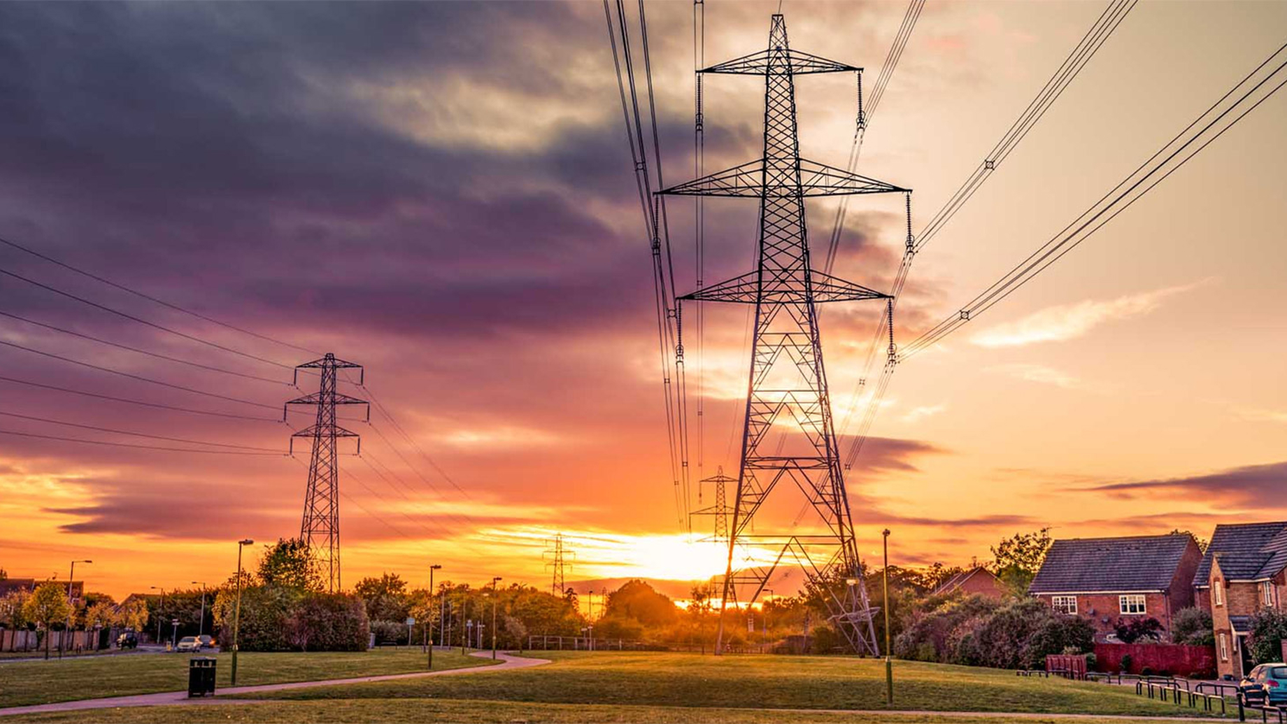 Pylons in the UK at sunset