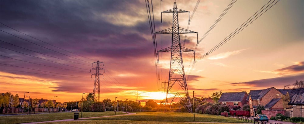 Pylons in the UK at sunset