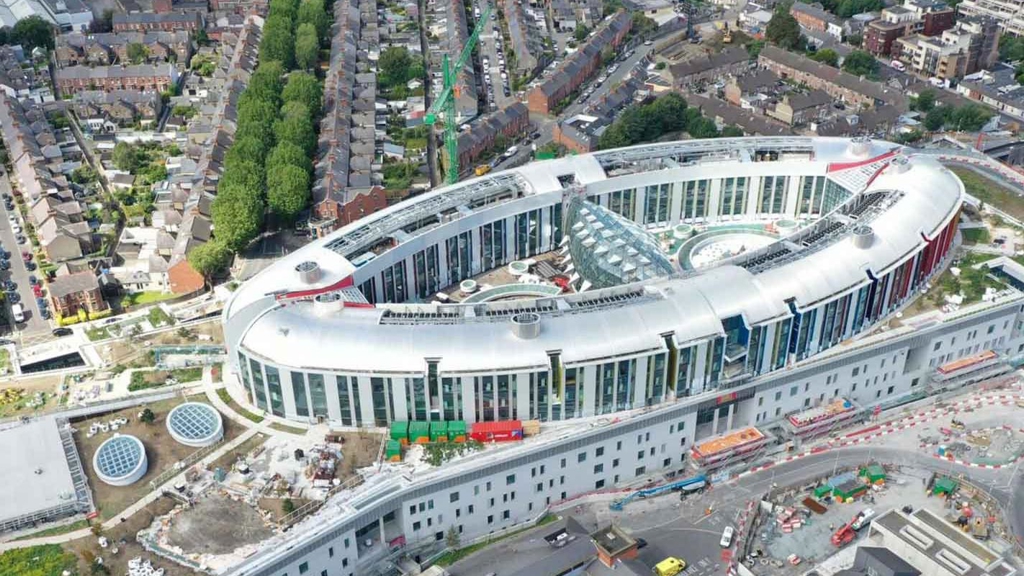 "Aerial view of the new children's hospital on the St. James's Hospital Campus with the surrounding suburbs