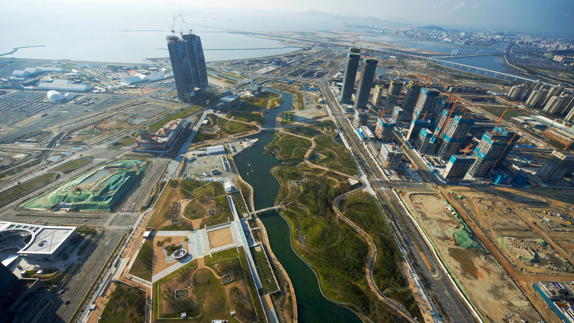 Aerial view of New Songdo Central Park.