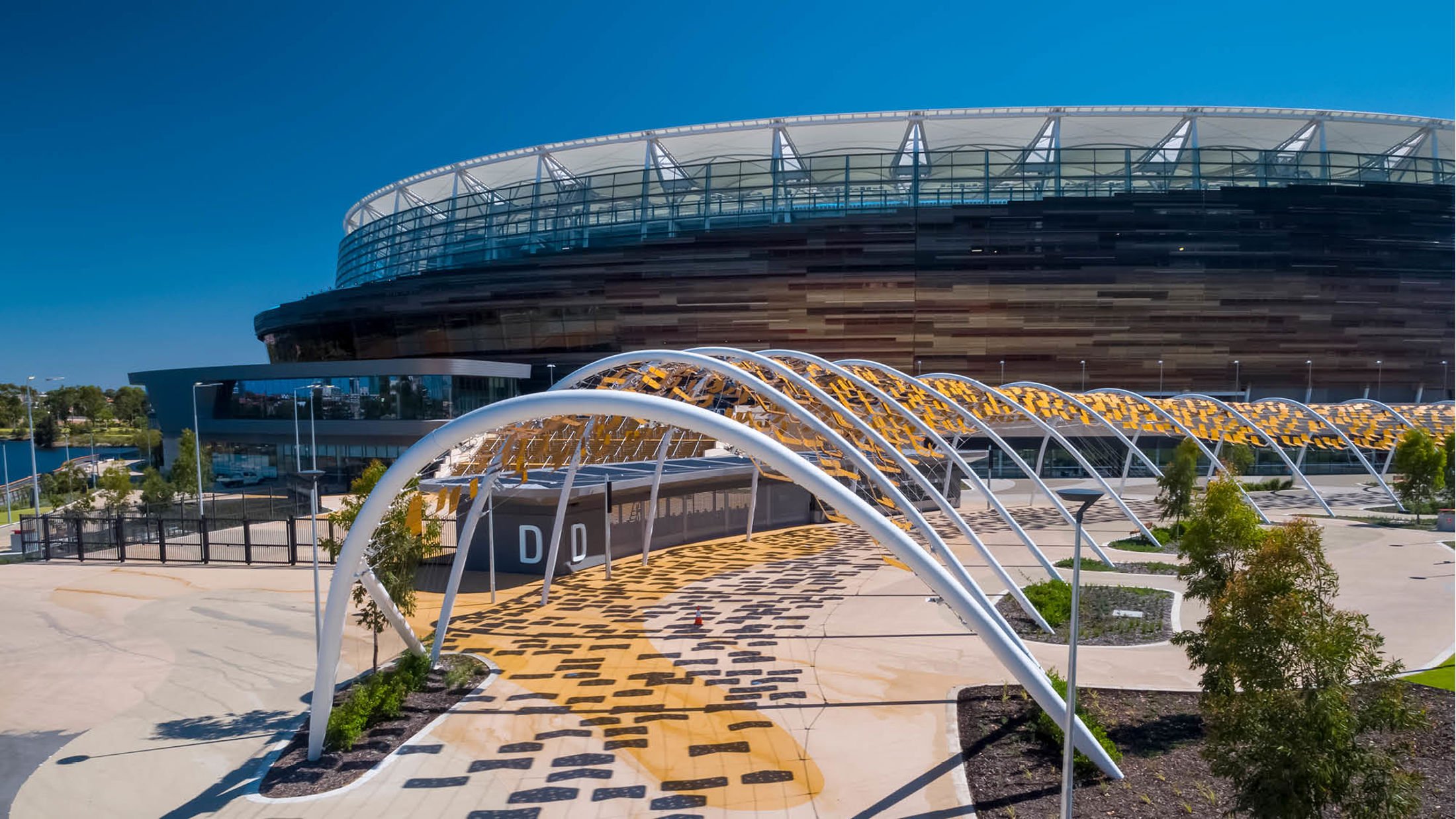 The bronze façade at Optus Stadium © SkyPerth