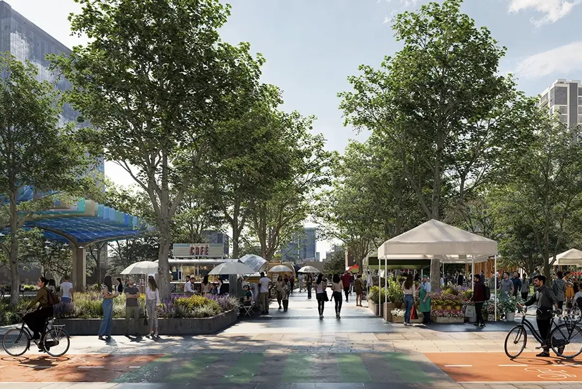 A rendering showing a promenade at Third Street as part of the Cesar Chavez Street to Fourth Street cap over I-35