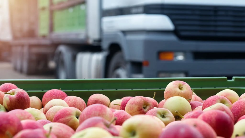 A cart of apples in front of a truck in the day time