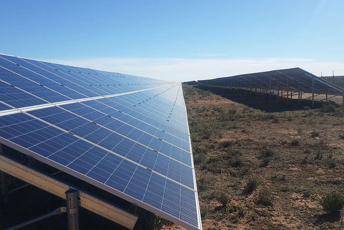 Tilted solar panels at solar energy plant