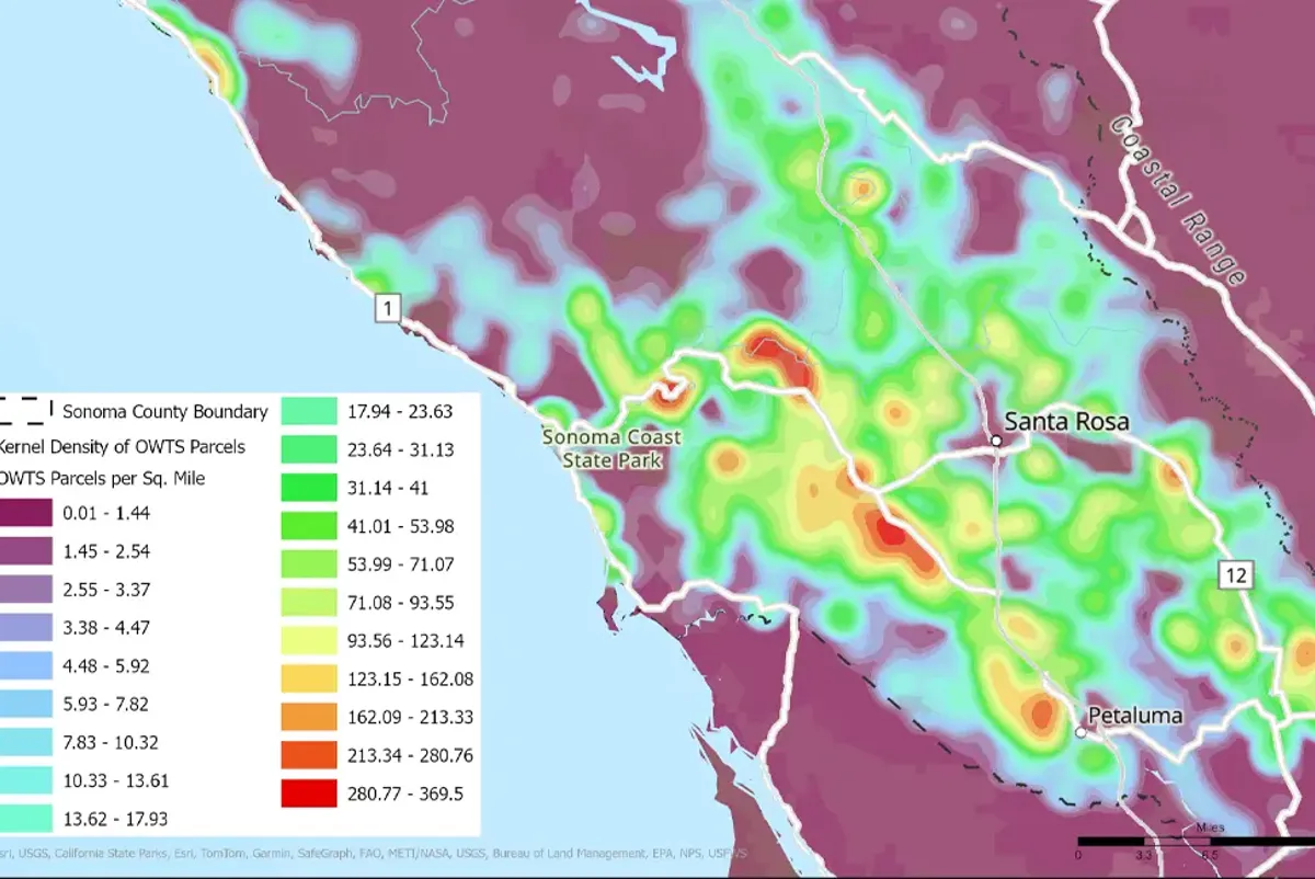 •	Map showing density of septic systems across the county as number of septic systems per square mile