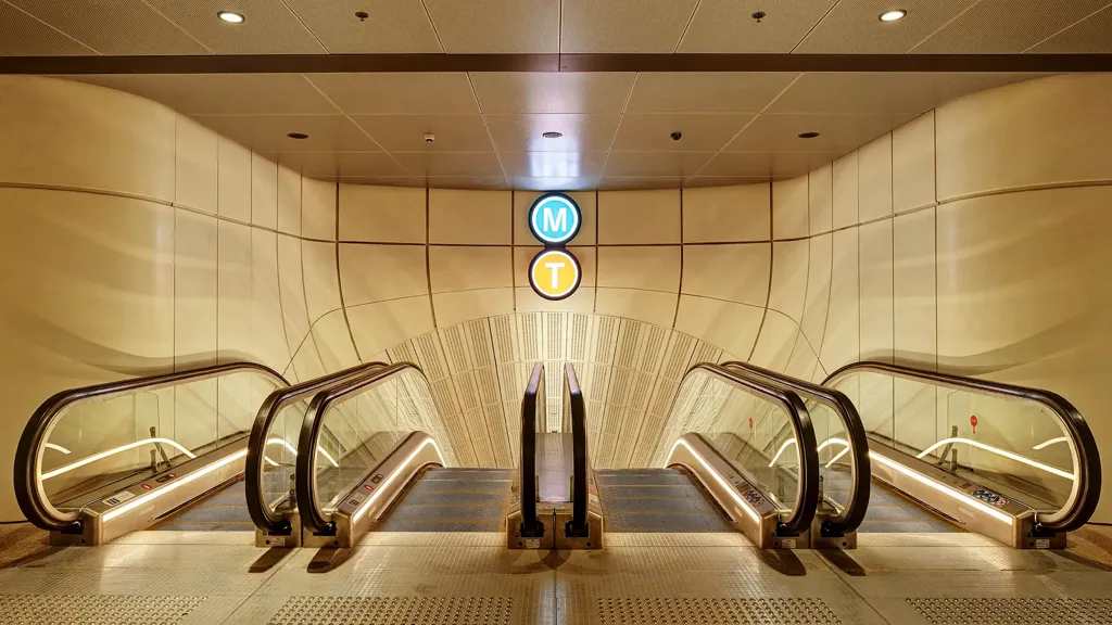 Escalators leading into the Sydney Metro Martin Place station