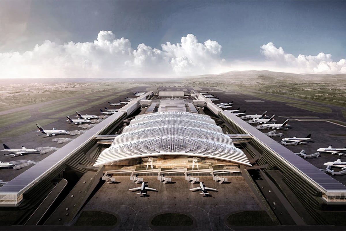 Aerial CGI of airport showing planes at gates