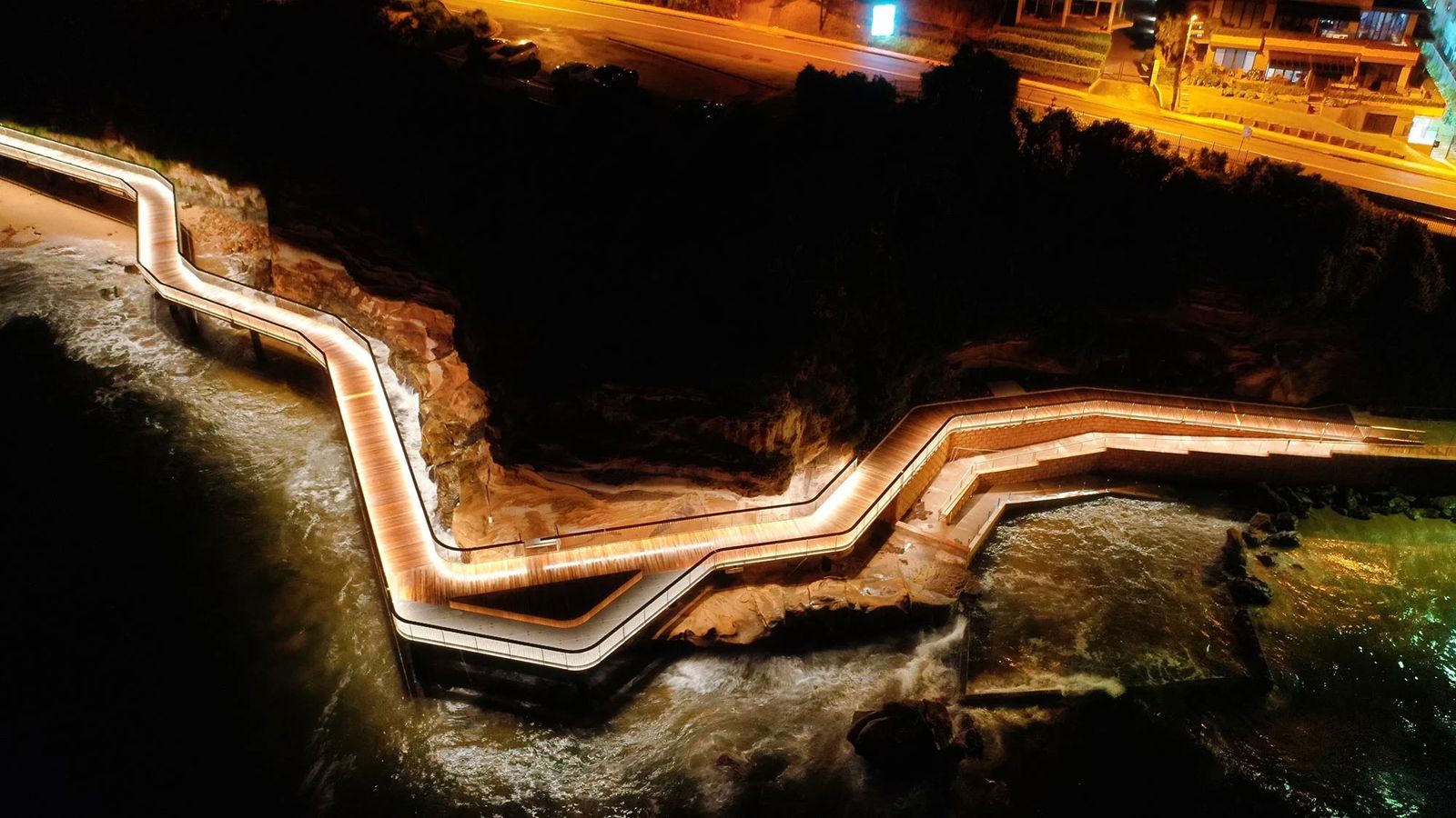 Terrigal Boardwalk lit up at night