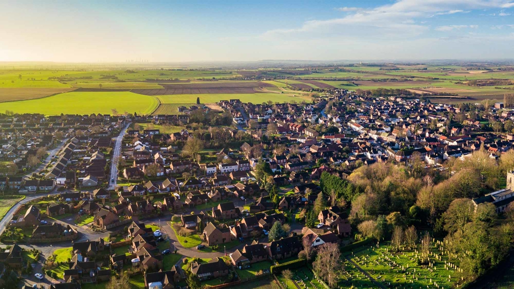 Aerial view of a rural village in England